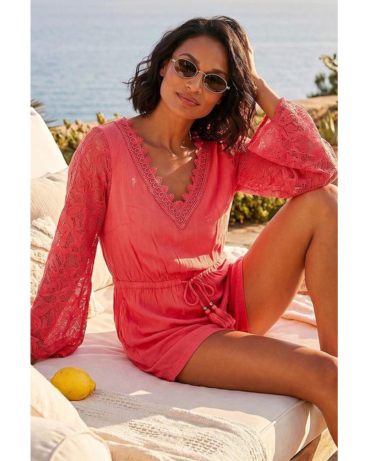 D.u.s.k Red Crochet Sleeve Playsuit