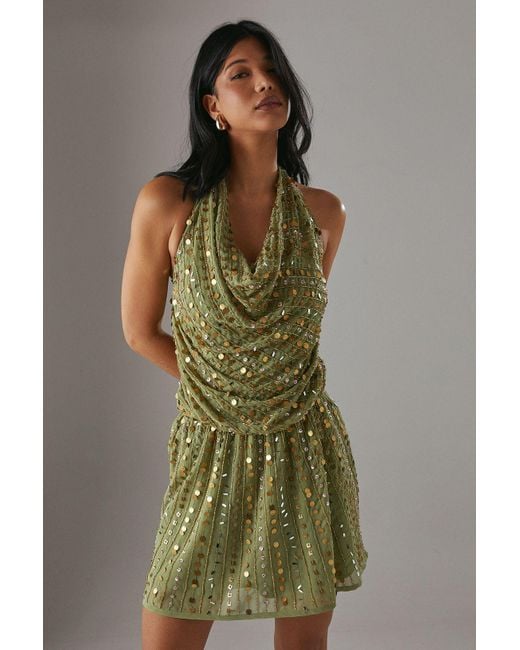 Warehouse Green Premium Hand Embellished Sequin Cowl Front Flippy Mini Dress