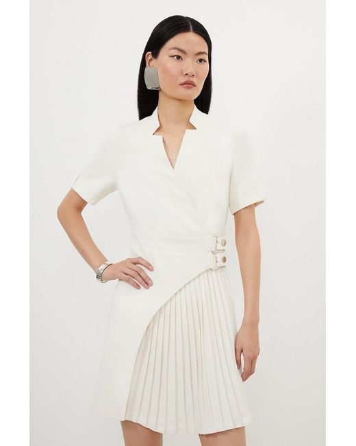 Karen Millen White Tailored Military Pleat Notch Neck Wrap Mini Dress