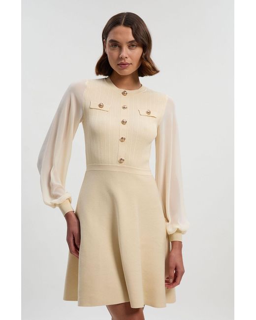 Karen Millen Natural Viscose Blend Mini Knit Dress With Chiffon Sleeve Military Trim