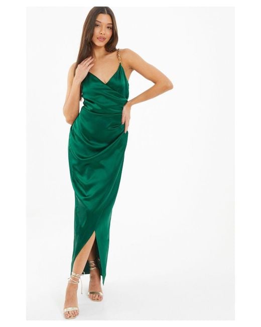 Quiz Bottle Green Satin Wrap Maxi Dress