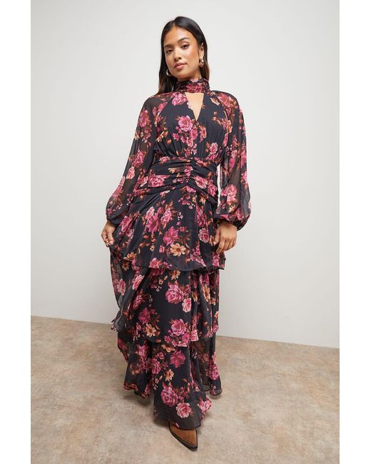 Oasis Petite Printed Ruffle Tiered High Neck Maxi Dress