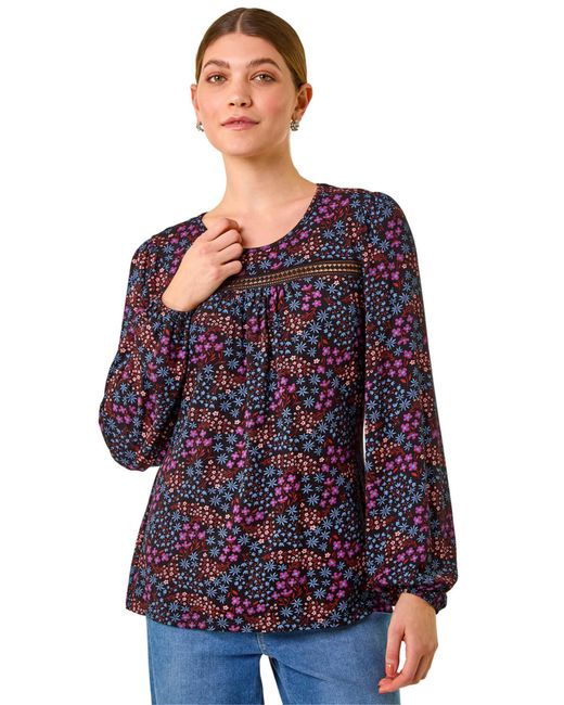 Roman Blue Floral Print Trim Stretch Top