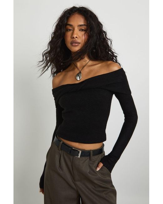 Boohoo Black Twist Front Bardot Jumper