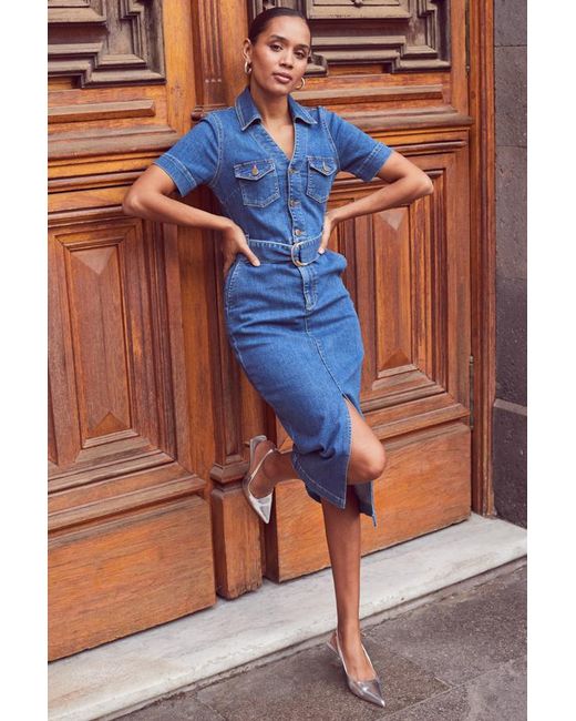 Sosandar Brown Mid Denim Belted Utility Midi Dress