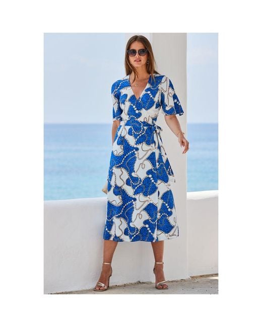 Sosandar Blue Ivory Chain Print Kimono Sleeve Wrap Dress