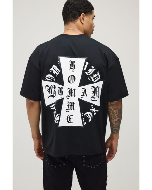 BoohooMAN Black Oversized Bhm Cross Printed Scuba T-Shirt for men