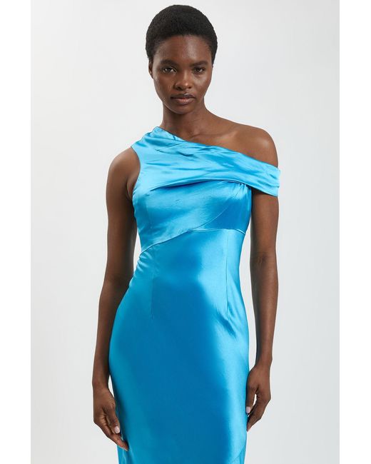 Karen Millen Blue Viscose Satin Asymmetric Shoulder Maxi Dress