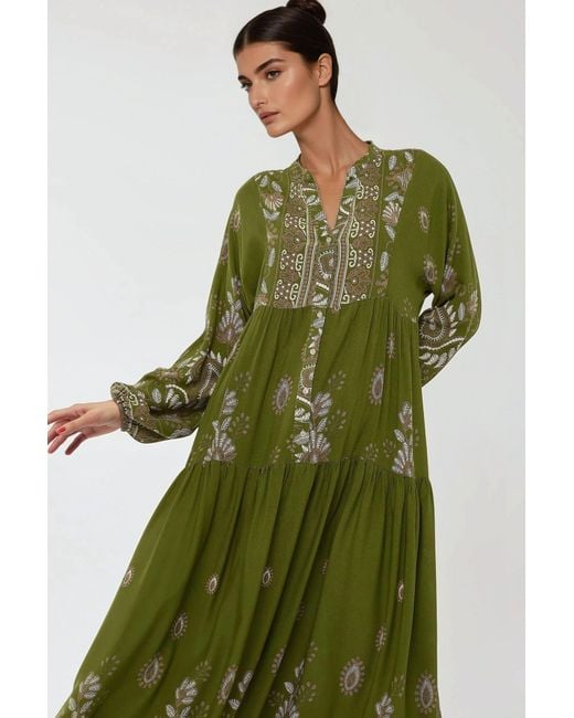 Hiccup Green Printed Long Sleeve Viscose Maxi Dress