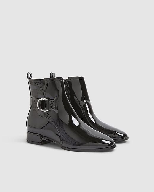 River Island Black Boots Patent Low Block Heel Buckle Pu