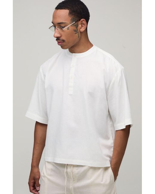 BoohooMAN White Oversized Boxy Linen Blend Half Sleeve Henley Shirt for men