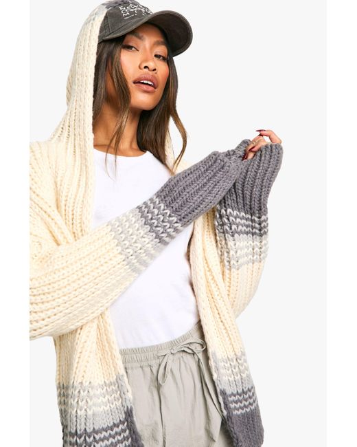Boohoo Natural Heavy Knitted Stripe Detail Hoodie