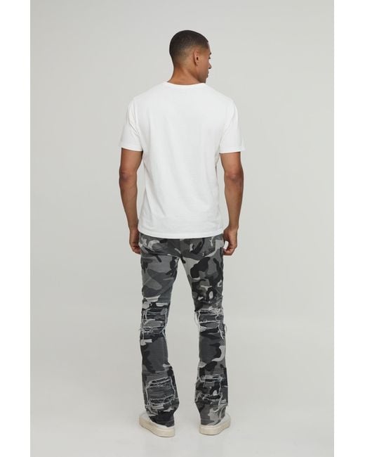BoohooMAN Gray Camo Stacked Skinny Flared Distressed Jeans for men