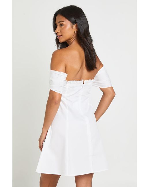 Boohoo White Petite Ruched Bust Bardot Mini Dress
