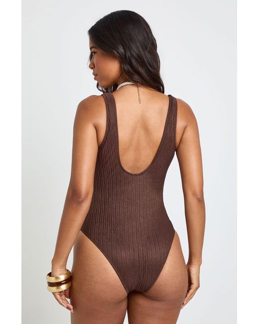 Boohoo Brown Textured Scoop Swimsuit
