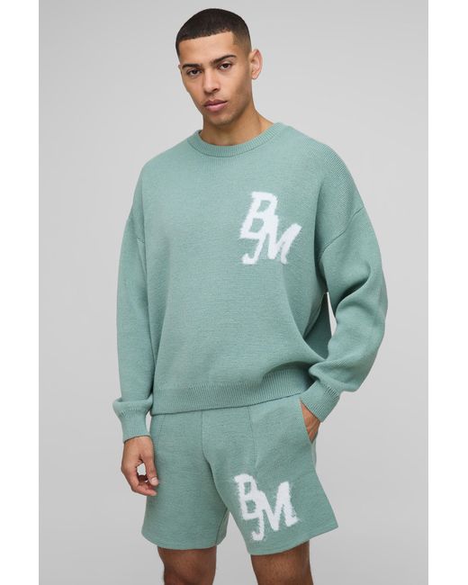 BoohooMAN Green Boxy Fit Fluffy Bm Knitted Sweater And Shorts Set for men