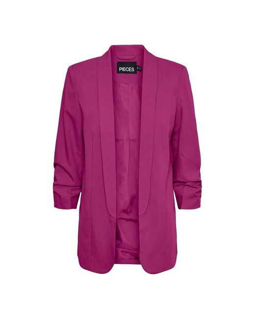 Pieces Purple Solid Patterned Tie Waist Blazer