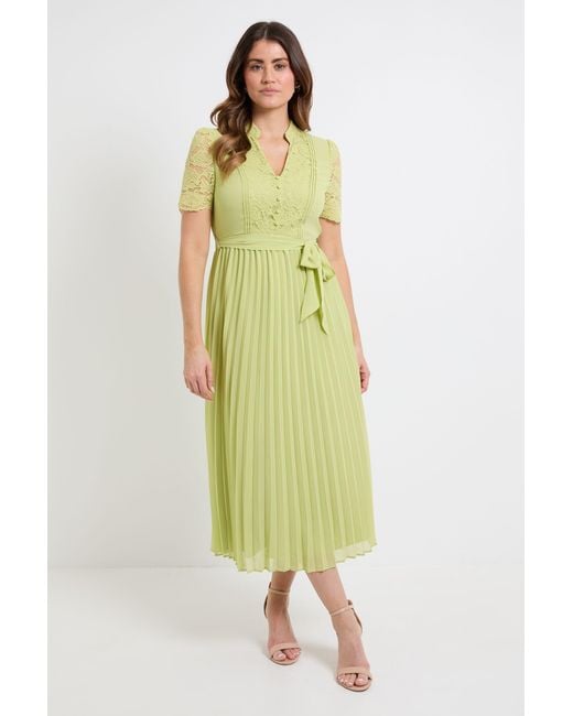 Wallis Green Lace Collarless Pleated Midi Dress