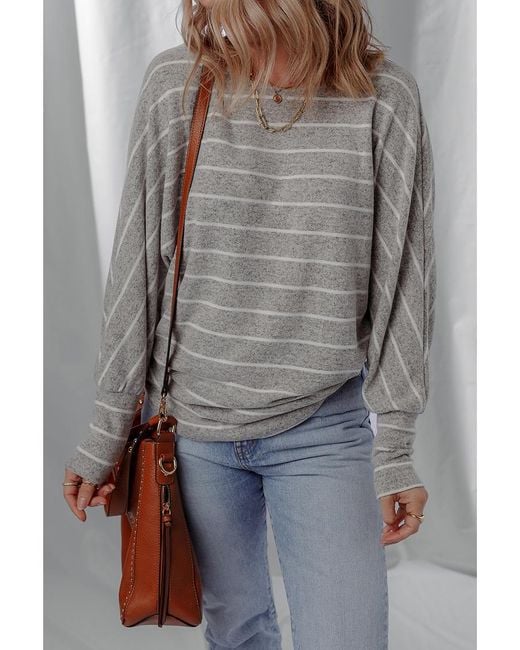 Azura Exchange Casual Lange Mouwen Gestreepte Print Ronde Hals Top in het Gray