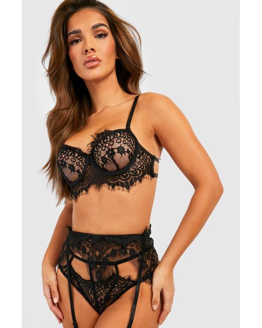 Boohoo Black Eyelash Lace Bralette Suspender And Thong Set