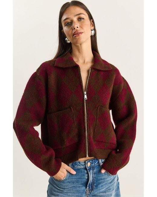 Bianco Lucci Red Thick Jacquard Knit Cardigan With Zipper