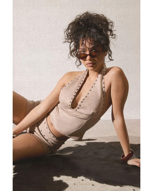 Boohoo Natural Faux Suede Studded Halter Top