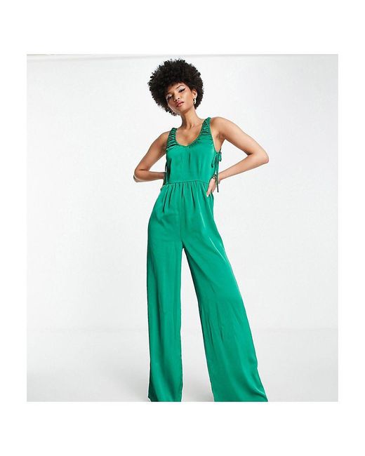 Lola May Green Tall Satin Ruched Side Wide Leg Jumpsuit