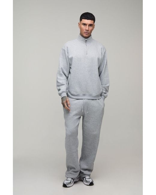 BoohooMAN Gray Tall Oversized Boxy Quarter Zip Funnel Sweatshirt & Straight Jogger Tracksuit for men