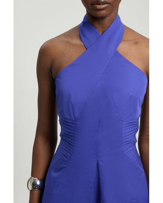 Karen Millen Blue Tailored Cotton Sateen Halter Jumpsuit