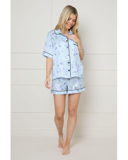 Oasis Blue Butterflies Satin Nightwear Shorts Set