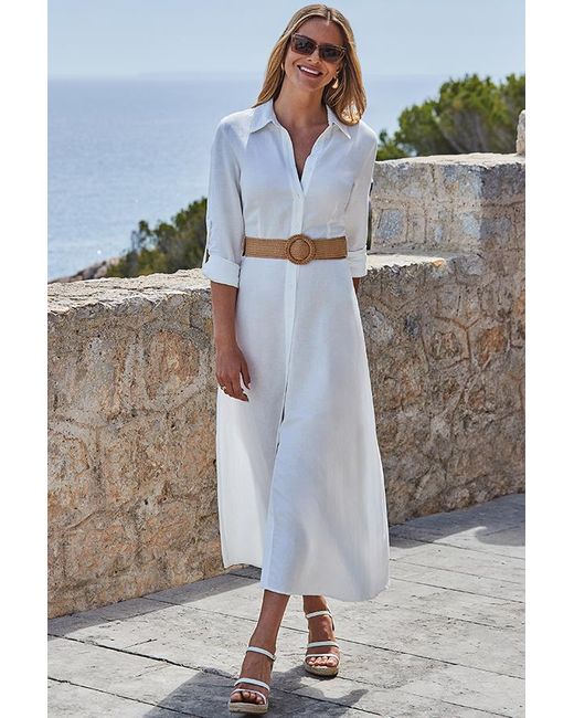 Sosandar Blue Linen Midi Shirt Dress With Raffia Belt