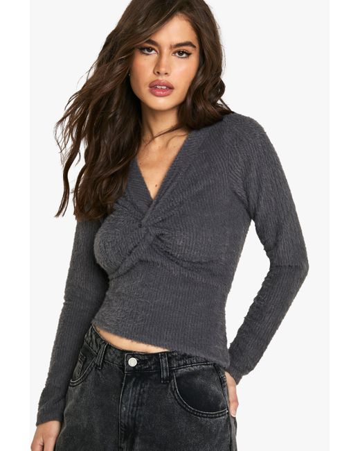 Boohoo Gray Fluffy Twist Front Long Sleeve Top