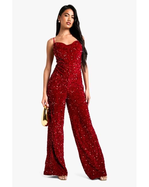 Boohoo Red Velvet Sequin Cowl Neck Jumpsuit