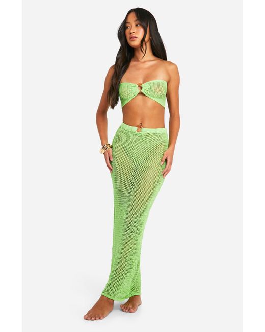 Boohoo Green Crochet O-Ring Top & Maxi Skirt Beach Co-Ord