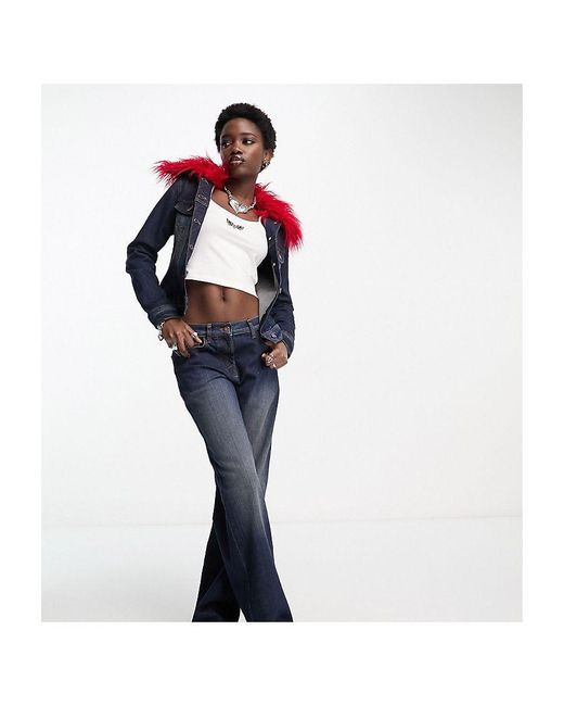 Collusion White Y2k Wash Cropped Denim Jacket Co-ord With Detachable Red Fur Trim