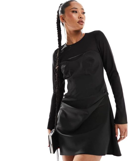 ASOS Black Corset Detail Mini Dress With Mesh Sleeves