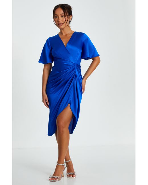 Quiz Blue Petite Satin Ruched Wrap Midi Dress