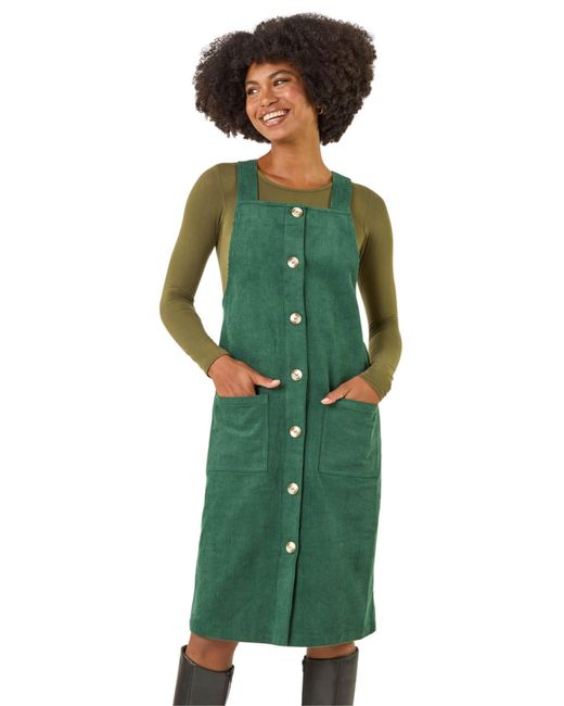Roman Green Corduroy Pinafore Midi Dress