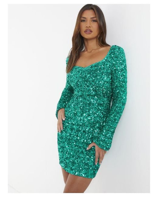 Quiz Green Jade Sequin Flute Sleeve Mini Dress