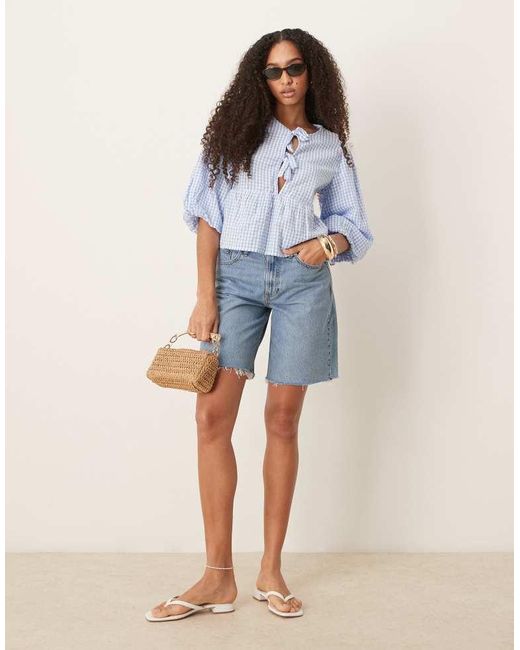 Gina Tricot Blue Mid Short Sleeve Bow Tie Front Blouse