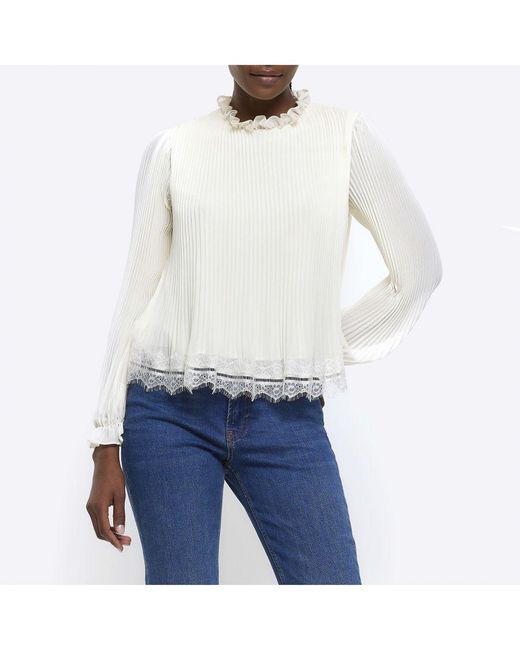 River Island White Top Lace Trim Long Sleeve