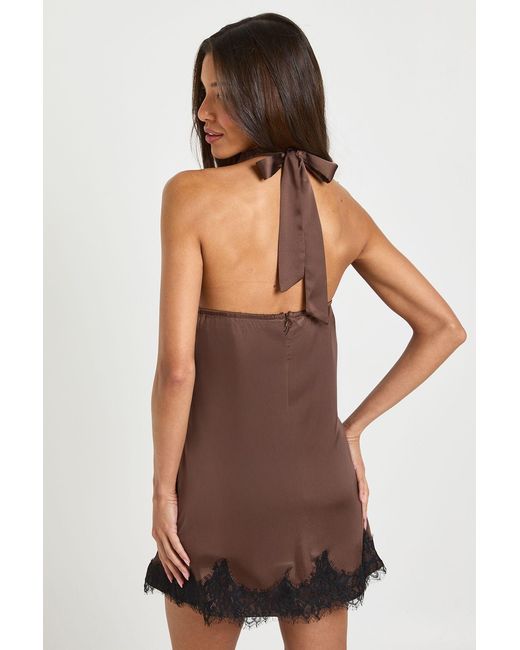 Boohoo Brown Satin & Lace Contrast Halterneck Mini Dress