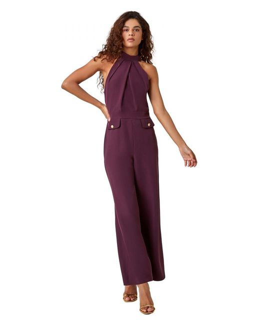 Roman Red Pleated Halter Neck Wide Leg Stretch Jumpsuit