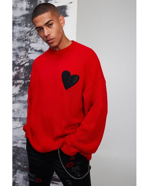 BoohooMAN Red Oversized Distressed Hem And Heart Detail Jumper for men