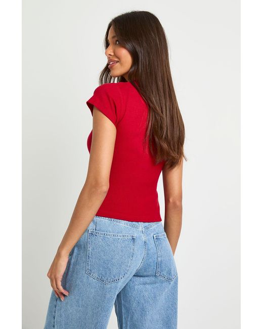Boohoo Red Basic Rib Short Sleeve Fitted Top