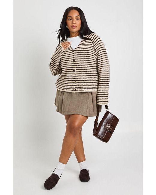 Boohoo Brown Plus Super Soft V Neck Stripe Knitted Boyfriend Cardigan