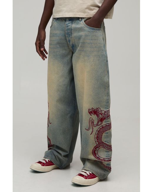BoohooMAN Gray Snake Embroidered Tinted Super Baggy Jeans for men