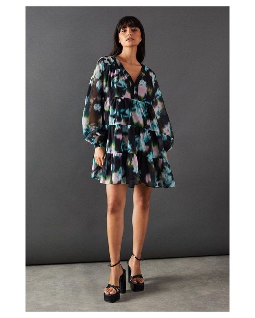 Warehouse Gray Floral Print Organza Smock Dress