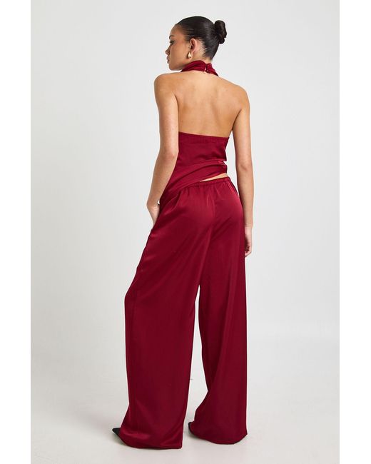 Boohoo Red Satin Drawstring Waist Wide Leg Trousers