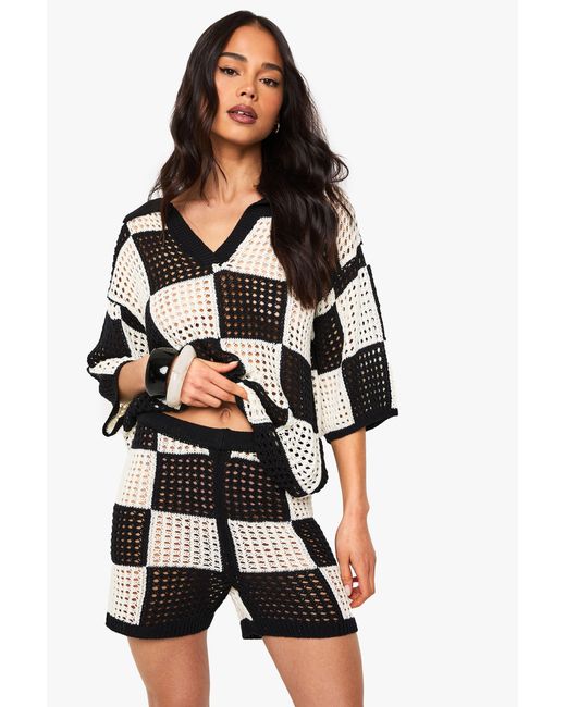 Boohoo Black Flannelerboard Crochet Wide Leg Beach Short
